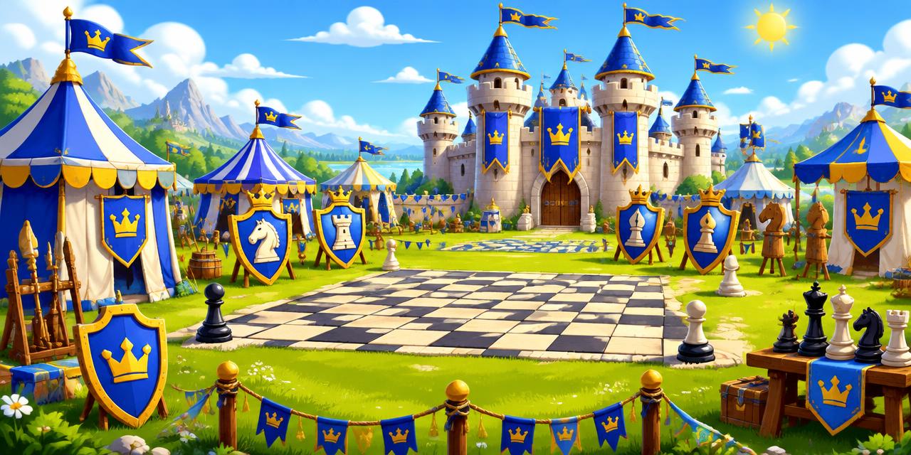 The Royal Chess Army Training Camp with castle towers and blue and gold banners